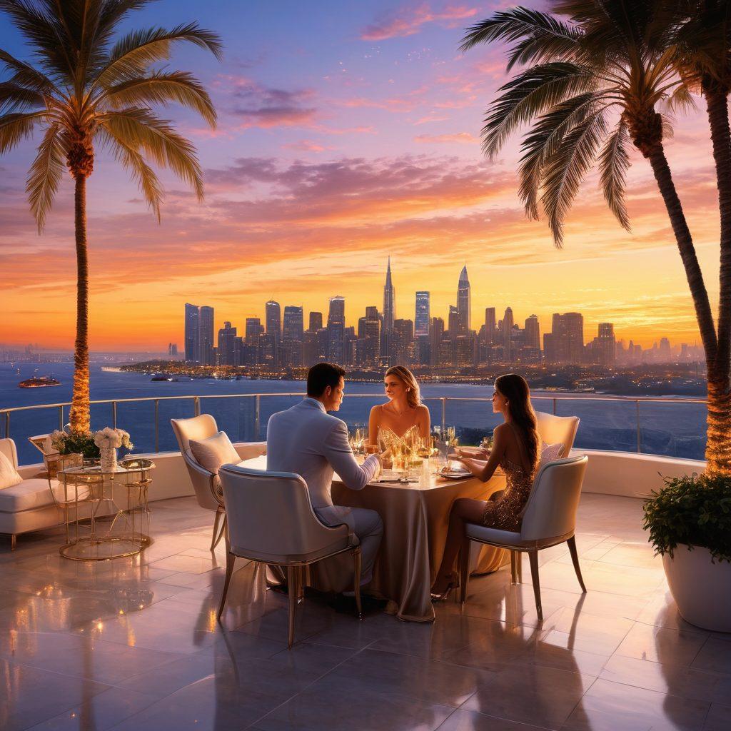 A luxurious rooftop view of a city skyline at sunset, showcasing a couple dressed elegantly, engaging in a light-hearted conversation over champagne. Graceful palm trees and glowing fairy lights surround them, hinting at a romantic atmosphere. The background features hints of wealth, like a private yacht and expensive cars. Emphasize elegance and luxury. vibrant colors. painting.