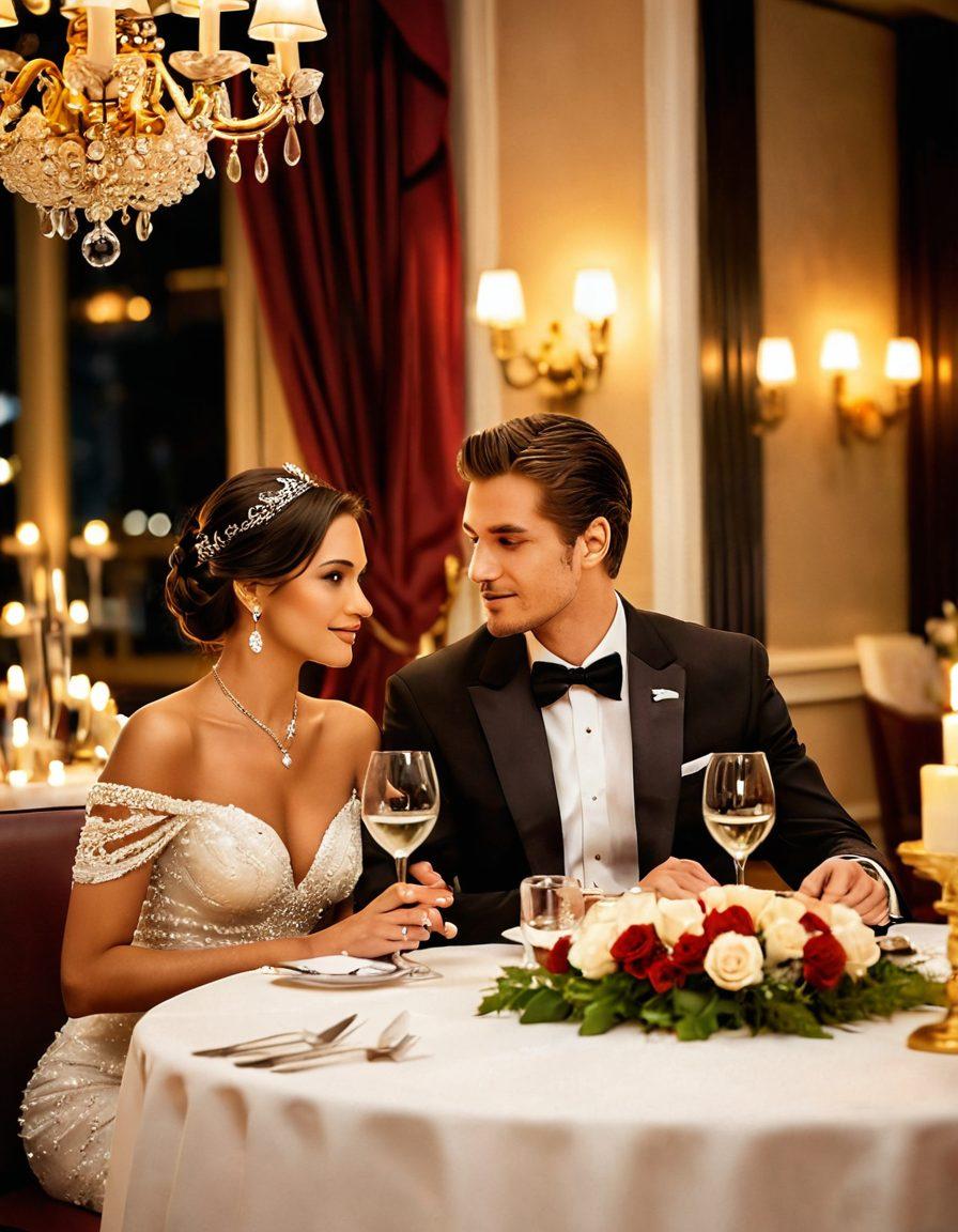 A glamorous setting featuring an elegant couple enjoying a lavish candlelit dinner at an upscale restaurant, adorned with luxurious decor and soft, romantic lighting. Surround them with symbols of wealth and success, such as designer handbags and fine wine glasses. The couple should exude confidence and charisma, with stylish attire that reflects elite dating. Include subtle hints of sweetness, like a delicate bowl of sugar cubes on the table, to represent the theme of sugar relationships. super-realistic. vibrant colors. intimate atmosphere.